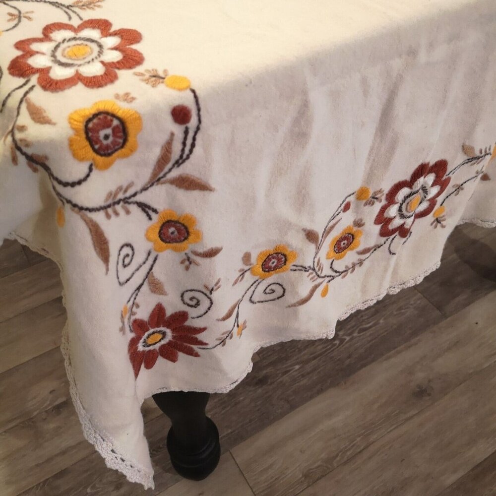 Vintage Crewel Tablecloth Hand Embroidered Floral Brown &Gold Crochet Lace Edge